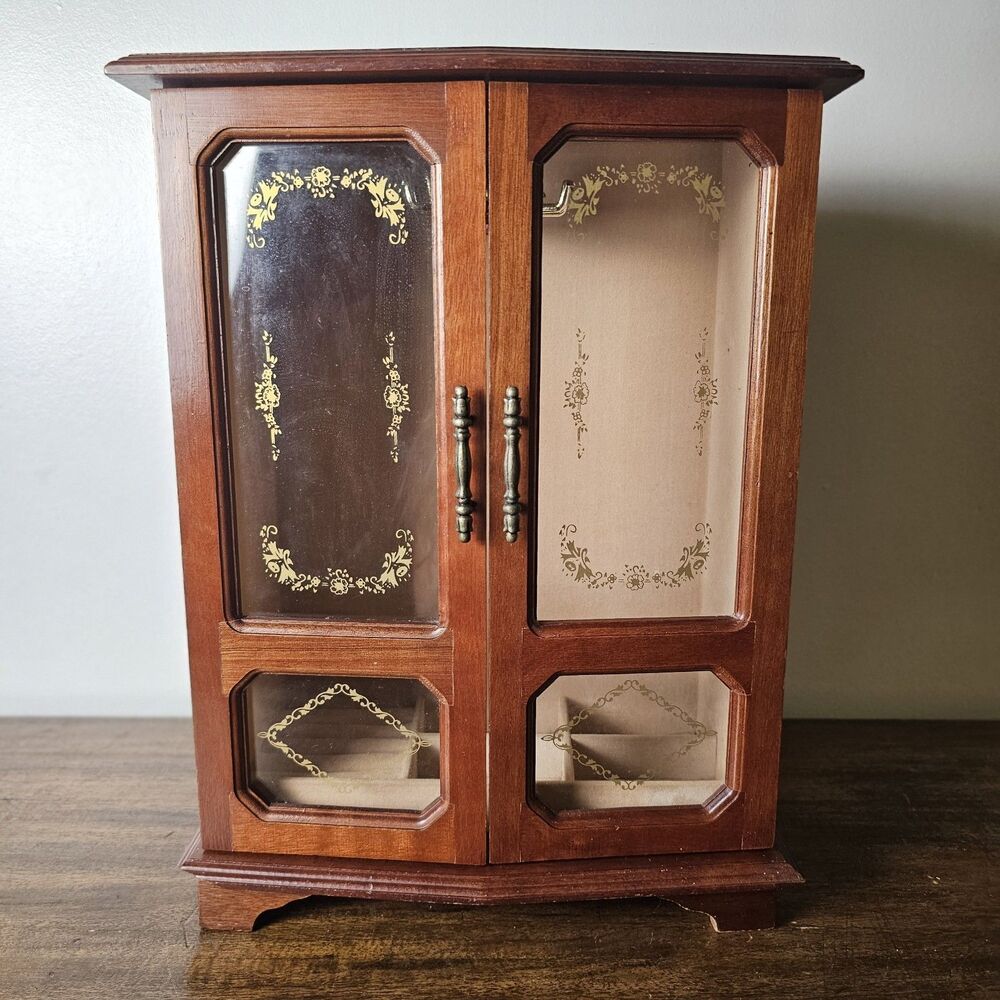Large Vintage Wooden Jewelry Armoire with Gold-Etched Plexiglass Doors